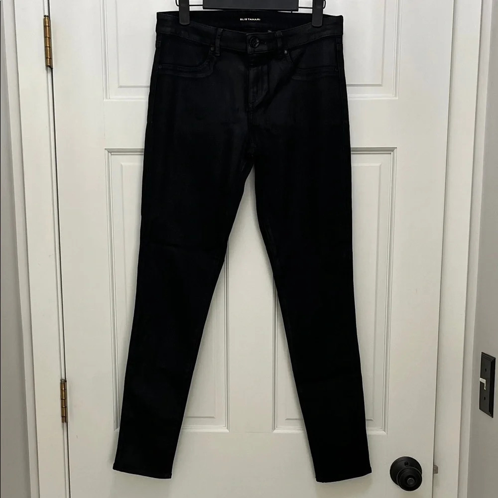 Elie Tahari Black Waxed Coat Azella Low Rise Skinny Leg Jeans - Size 6